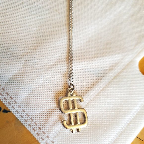 18" Silver Tone Dollar Sign Pendant Necklace Style - Picture 3 of 4
